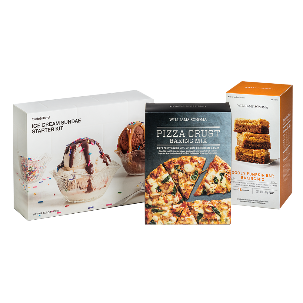 Ice Cream Sundae, Pizza Crust & Pumpkin Bar packaging